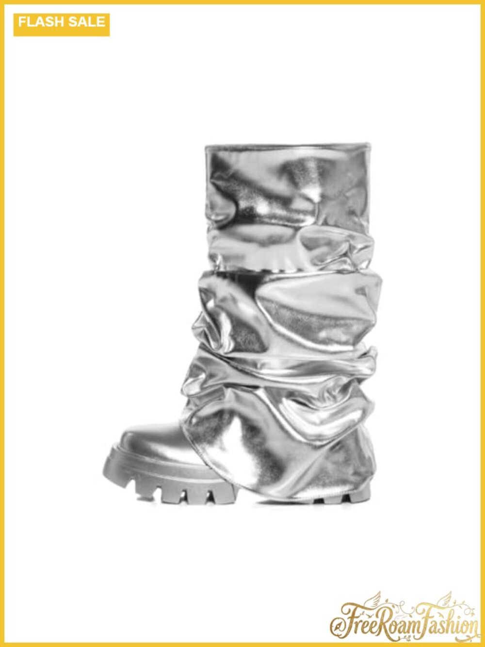 Metallic Faux Leather Mid Calf Boots Slouchy Foldover Platform Round Toe Pull On